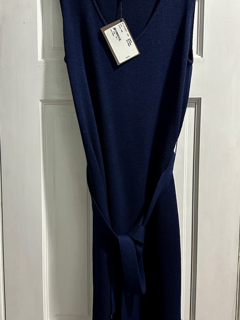Sleeveless V-Neck Midi Dress with Waist Tie in Deep Navy